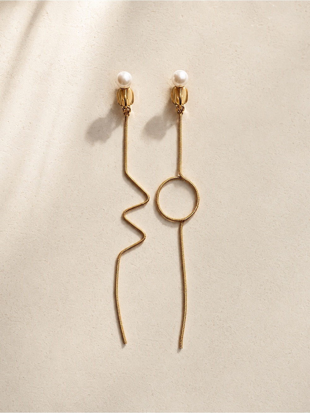 Gold Pearl Clip-On Earrings - Asymmetric Design